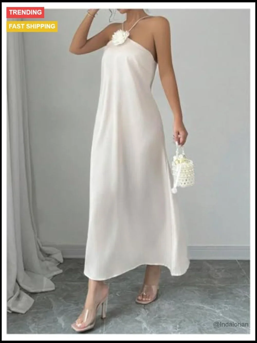 Polyester 3D Floral Halter Dress Criss Cross Backless Sleeveless Maxi